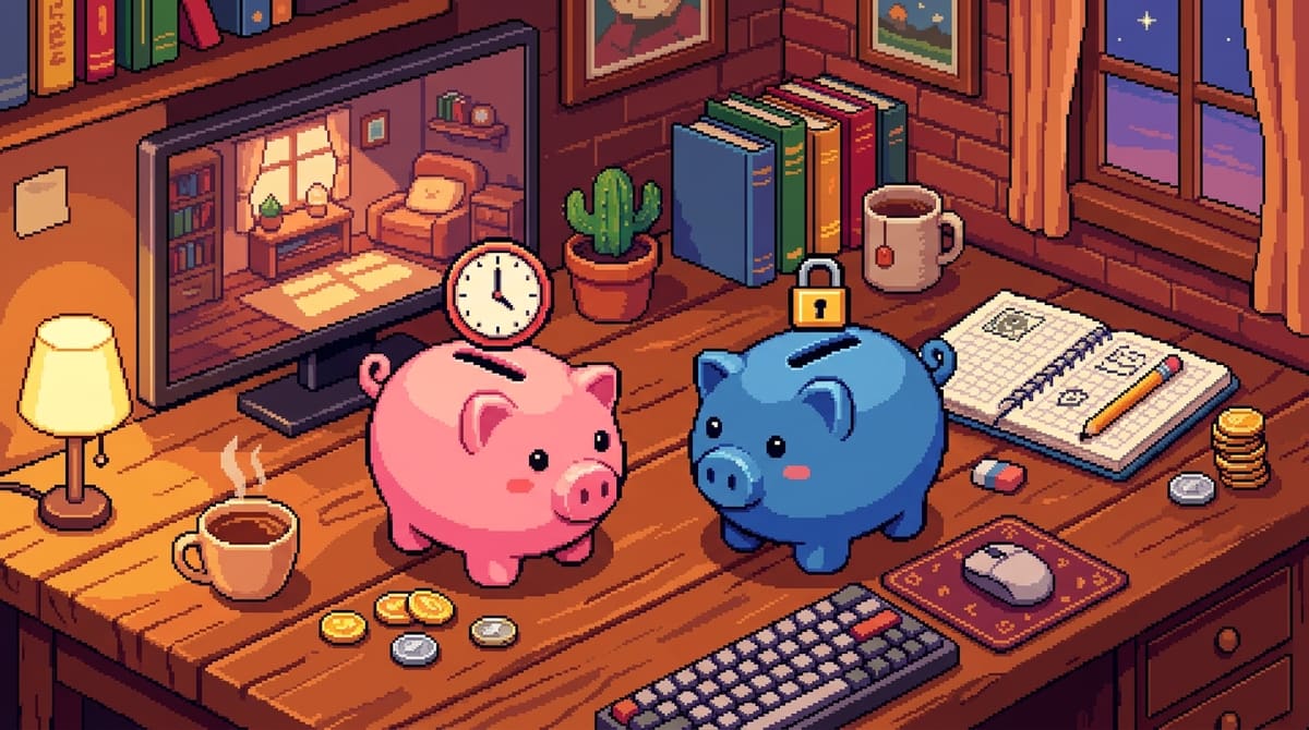 Pixel-Art-Illustration eines Schreibtisches mit zwei Sparschweinen – ein rosafarbenes mit Uhr-Symbol für Flexibilität, ein blaues mit Schloss-Symbol für Sicherheit – umgeben von Münzen, Tastatur, Notizbuch und einer Tasse Kaffee.