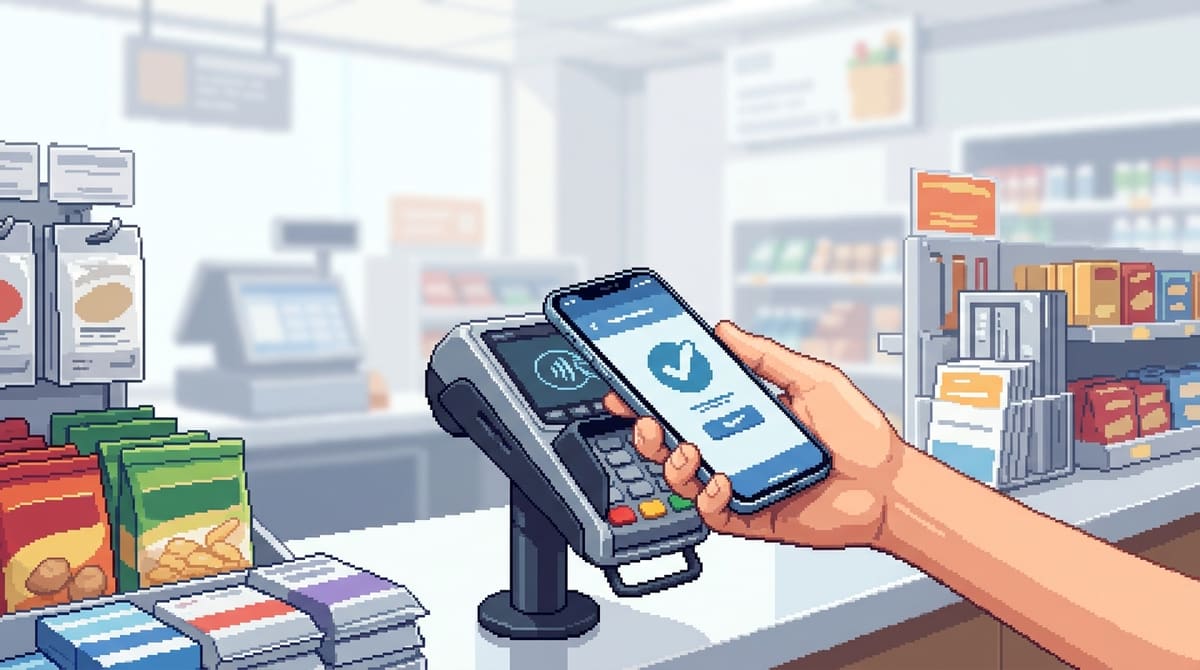 Eine Hand hält ein Smartphone mit Zahlungsbestätigung an ein Kartenterminal an einer Supermarktkasse. Kontaktloses Bezahlen per NFC.