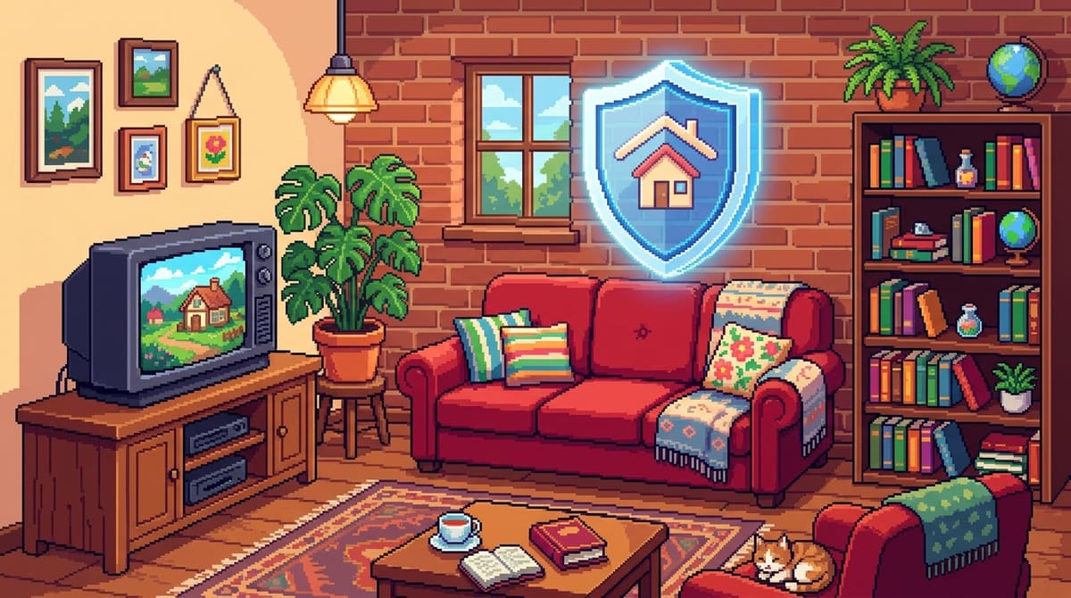 Pixel-Art-Illustration eines gemütlichen Wohnzimmers mit roter Couch, Bücherregal und Zimmerpflanzen. Im Hintergrund ist ein leuchtender Schutzschild mit Haussymbol als Sinnbild für eine Hausratversicherung zu sehen.